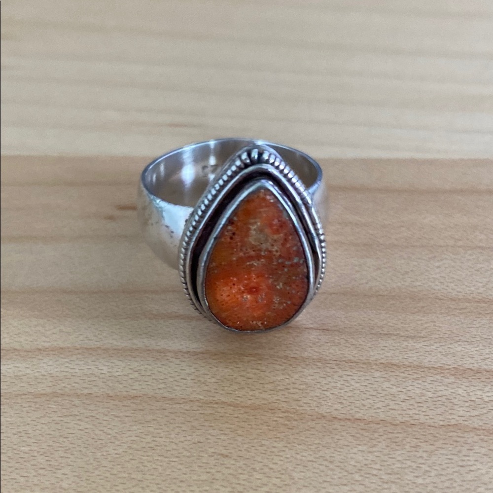 Silver and Sponge Coral Teardrop Ring